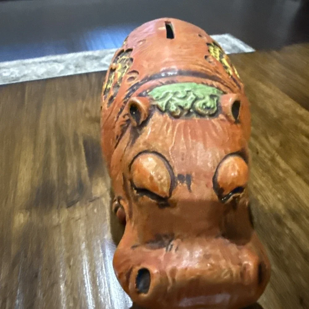 Vintage 70's Kitschy Boho Orange Floral Ceramic Bank Hippopotamus House Hippo